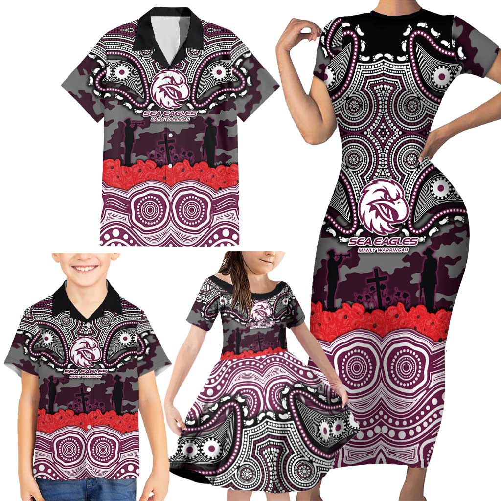 ANZAC Day Manly Warringah Sea Eagles Family Matching Short Sleeve Bodycon Dress and Hawaiian Shirt Military Memorial Aboriginal Indigenous Art