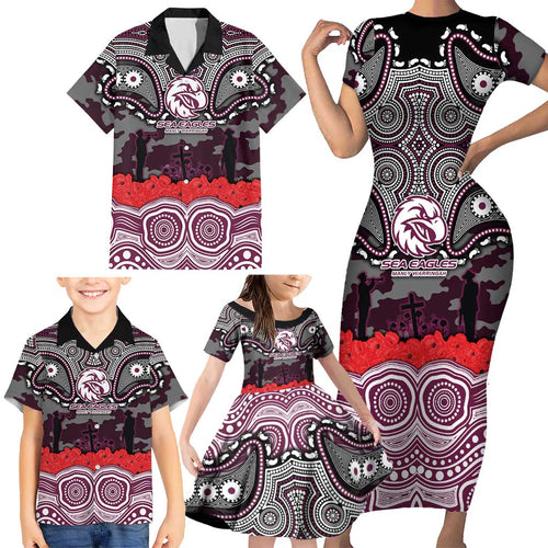 ANZAC Day Manly Warringah Sea Eagles Family Matching Short Sleeve Bodycon Dress and Hawaiian Shirt Military Memorial Aboriginal Indigenous Art