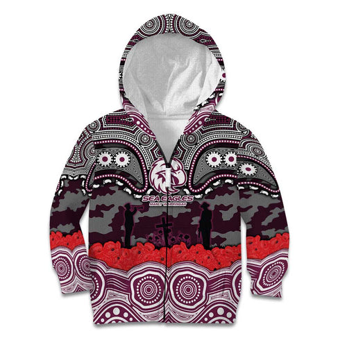 ANZAC Day Manly Warringah Sea Eagles Kid Hoodie Military Memorial Aboriginal Indigenous Art