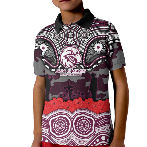 ANZAC Day Manly Warringah Sea Eagles Kid Polo Shirt Military Memorial Aboriginal Indigenous Art