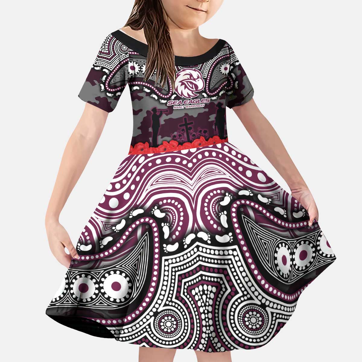 ANZAC Day Manly Warringah Sea Eagles Kid Short Sleeve Dress Military Memorial Aboriginal Indigenous Art
