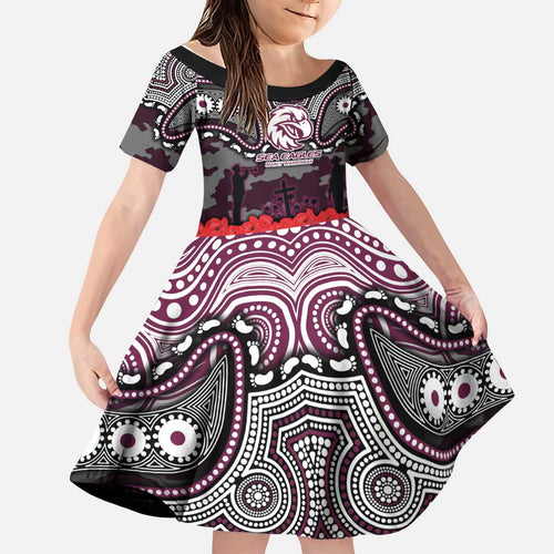 ANZAC Day Manly Warringah Sea Eagles Kid Short Sleeve Dress Military Memorial Aboriginal Indigenous Art