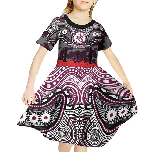 ANZAC Day Manly Warringah Sea Eagles Kid Short Sleeve Dress Military Memorial Aboriginal Indigenous Art