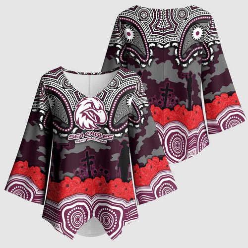 ANZAC Day Manly Warringah Sea Eagles Kimono Sleeve Blouse Military Memorial Aboriginal Indigenous Art