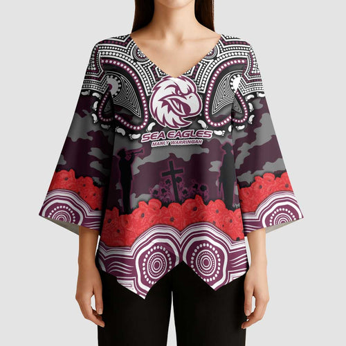 ANZAC Day Manly Warringah Sea Eagles Kimono Sleeve Blouse Military Memorial Aboriginal Indigenous Art