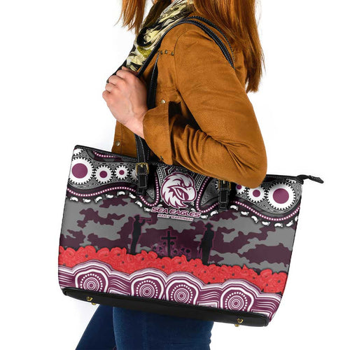 ANZAC Day Manly Warringah Sea Eagles Leather Tote Bag Military Memorial Aboriginal Indigenous Art