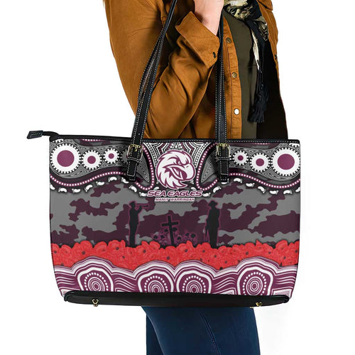 ANZAC Day Manly Warringah Sea Eagles Leather Tote Bag Military Memorial Aboriginal Indigenous Art
