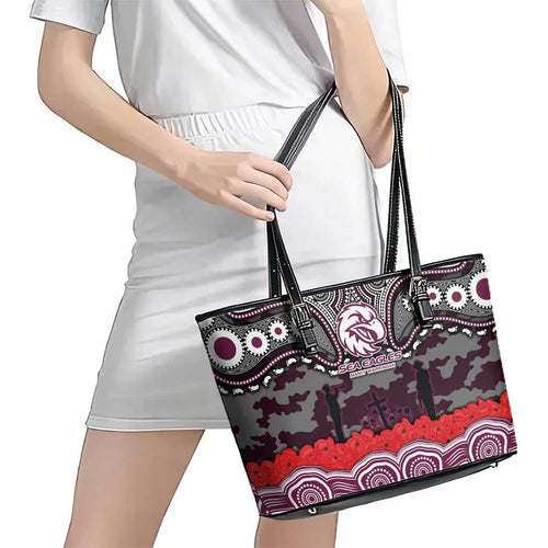 ANZAC Day Manly Warringah Sea Eagles Leather Tote Bag Military Memorial Aboriginal Indigenous Art