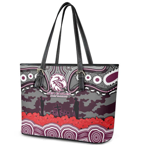 ANZAC Day Manly Warringah Sea Eagles Leather Tote Bag Military Memorial Aboriginal Indigenous Art