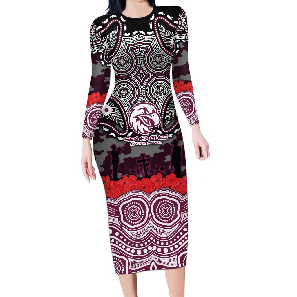 ANZAC Day Manly Warringah Sea Eagles Long Sleeve Bodycon Dress Military Memorial Aboriginal Indigenous Art