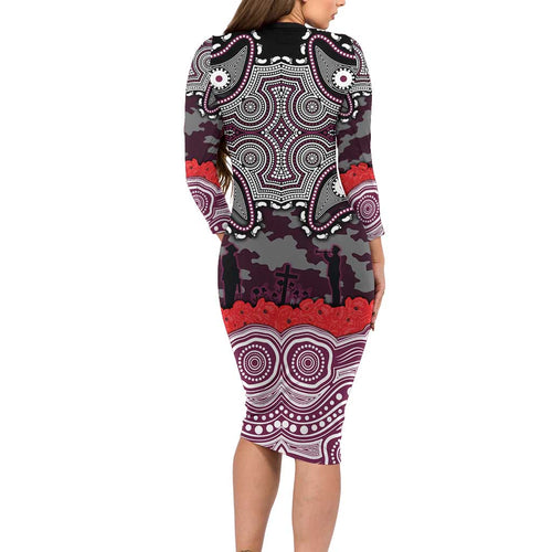 ANZAC Day Manly Warringah Sea Eagles Long Sleeve Bodycon Dress Military Memorial Aboriginal Indigenous Art