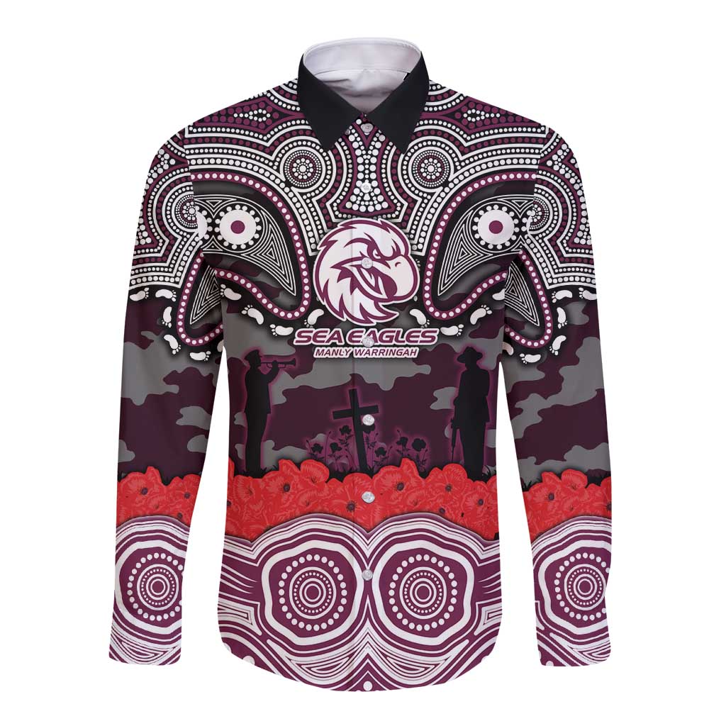 ANZAC Day Manly Warringah Sea Eagles Long Sleeve Button Shirt Military Memorial Aboriginal Indigenous Art
