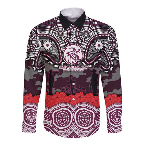 ANZAC Day Manly Warringah Sea Eagles Long Sleeve Button Shirt Military Memorial Aboriginal Indigenous Art