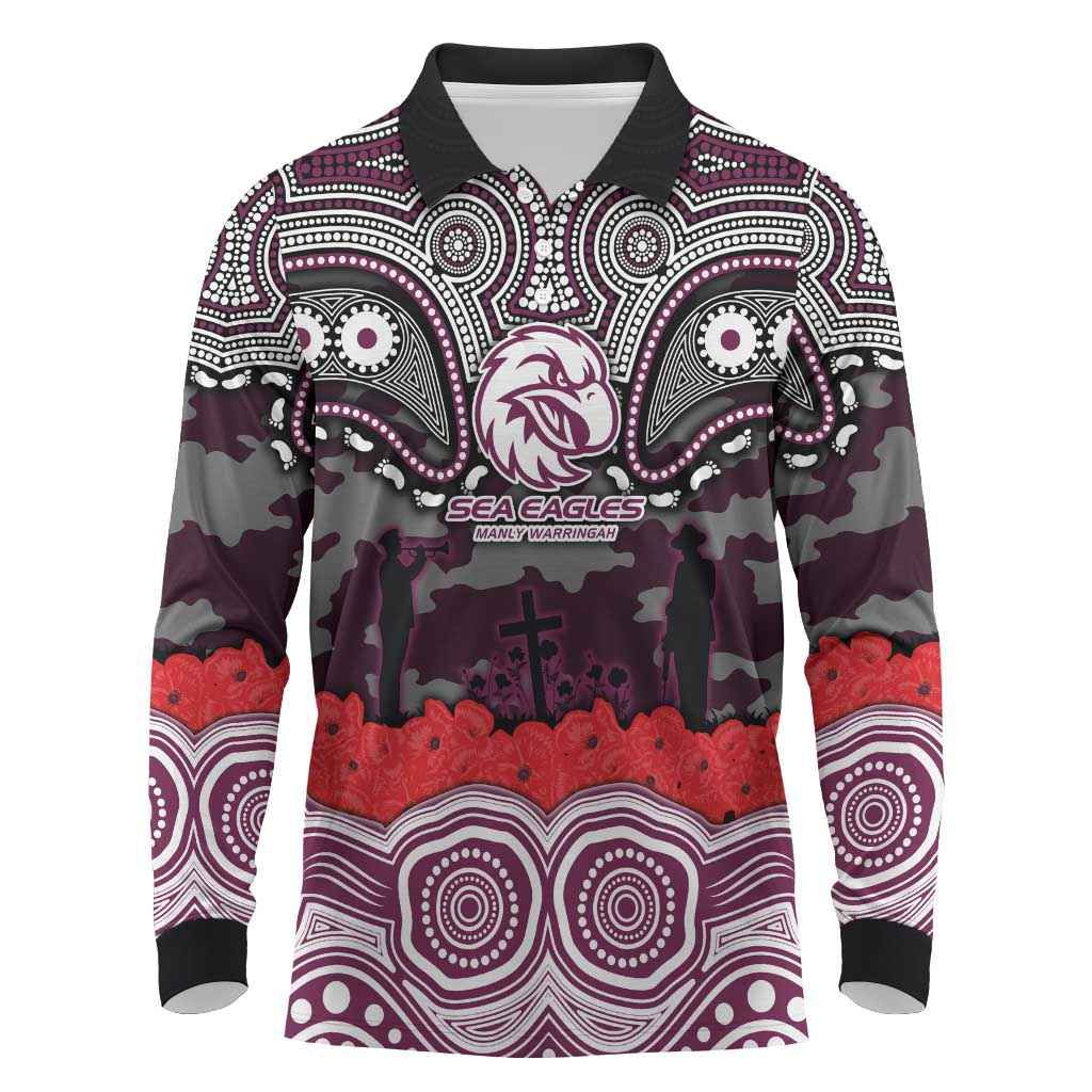 ANZAC Day Manly Warringah Sea Eagles Long Sleeve Polo Shirt Military Memorial Aboriginal Indigenous Art