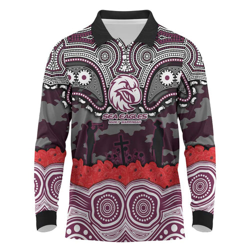ANZAC Day Manly Warringah Sea Eagles Long Sleeve Polo Shirt Military Memorial Aboriginal Indigenous Art