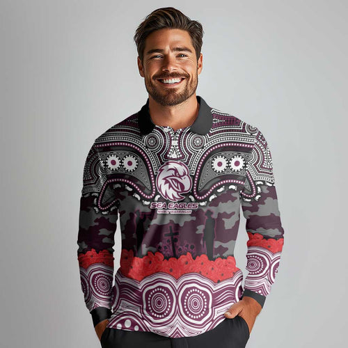 ANZAC Day Manly Warringah Sea Eagles Long Sleeve Polo Shirt Military Memorial Aboriginal Indigenous Art