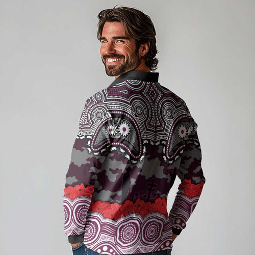 ANZAC Day Manly Warringah Sea Eagles Long Sleeve Polo Shirt Military Memorial Aboriginal Indigenous Art
