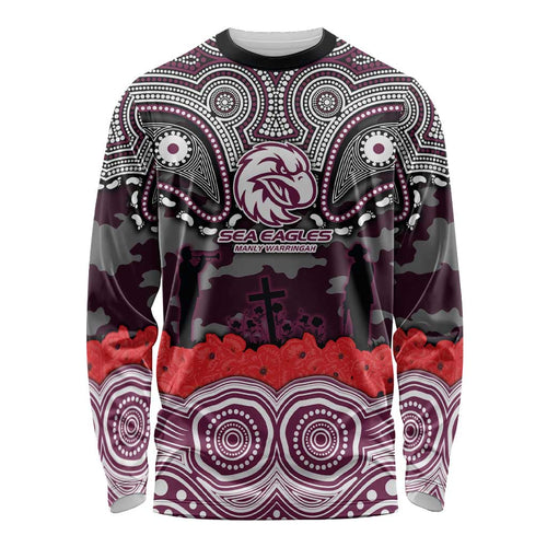 ANZAC Day Manly Warringah Sea Eagles Long Sleeve Shirt Military Memorial Aboriginal Indigenous Art