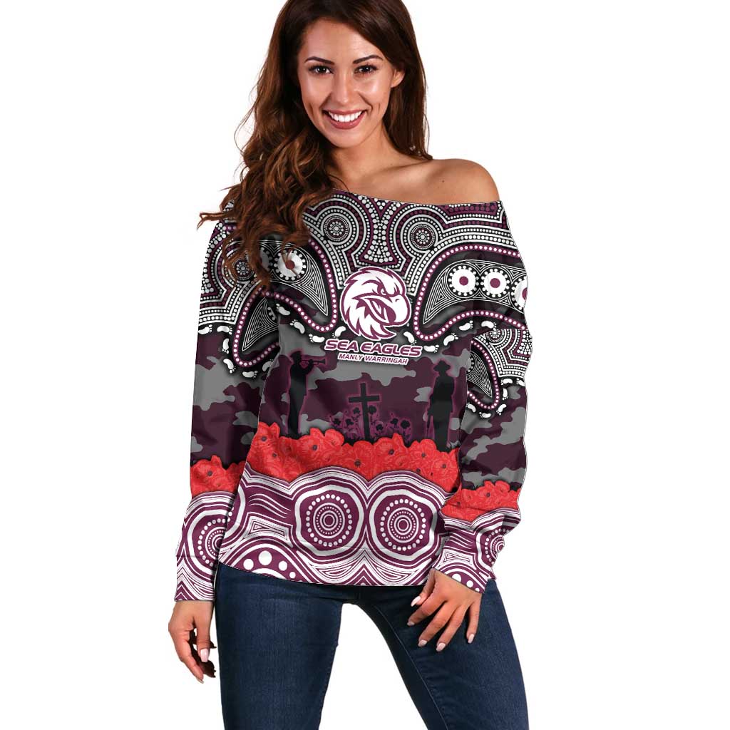 ANZAC Day Manly Warringah Sea Eagles Off Shoulder Sweater Military Memorial Aboriginal Indigenous Art