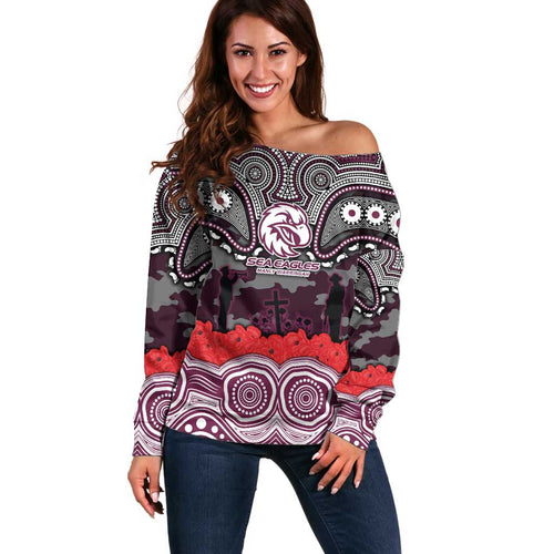 ANZAC Day Manly Warringah Sea Eagles Off Shoulder Sweater Military Memorial Aboriginal Indigenous Art