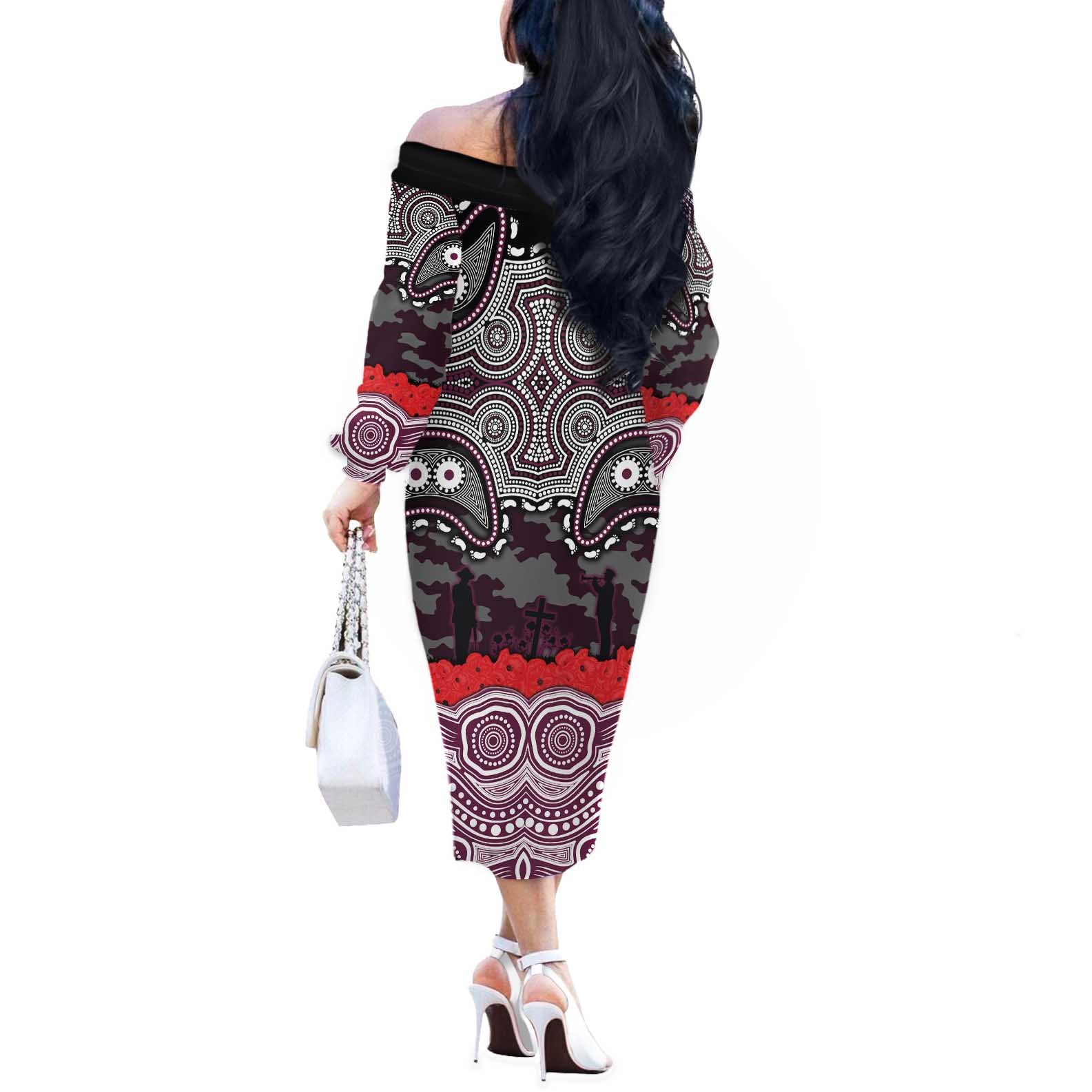 ANZAC Day Manly Warringah Sea Eagles Off The Shoulder Long Sleeve Dress Military Memorial Aboriginal Indigenous Art
