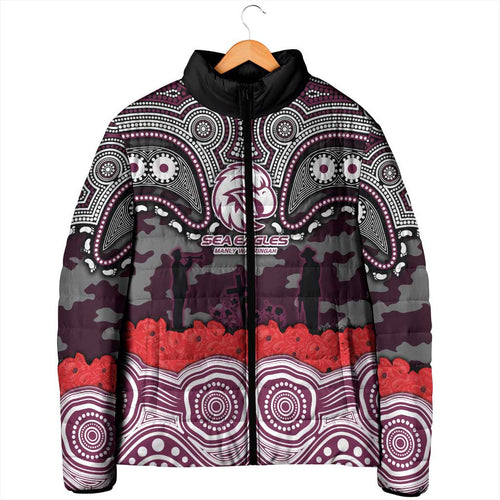 ANZAC Day Manly Warringah Sea Eagles Padded Jacket Military Memorial Aboriginal Indigenous Art
