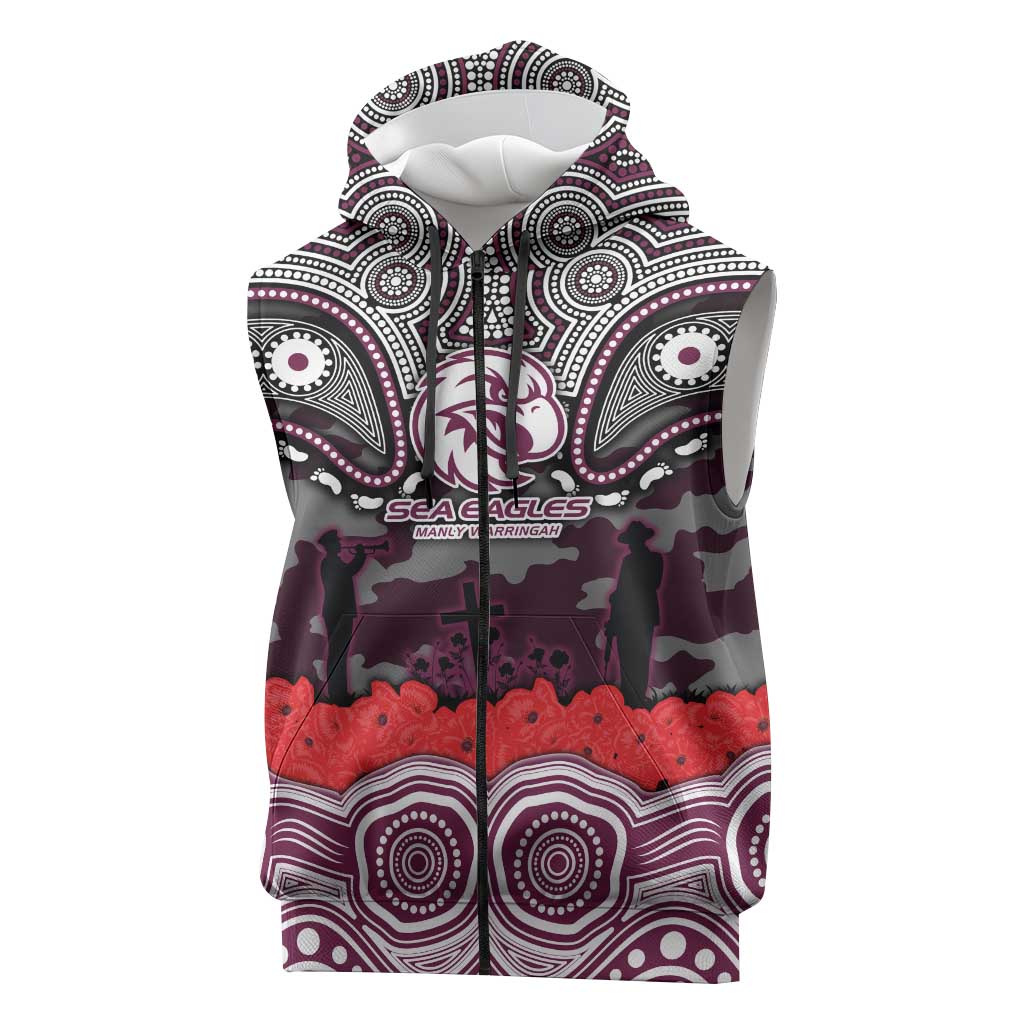 ANZAC Day Manly Warringah Sea Eagles Sleeveless Zip Hoodie Military Memorial Aboriginal Indigenous Art