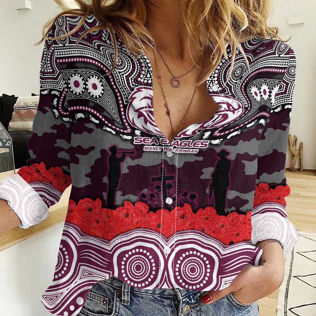 ANZAC Day Manly Warringah Sea Eagles Women Casual Shirt Military Memorial Aboriginal Indigenous Art