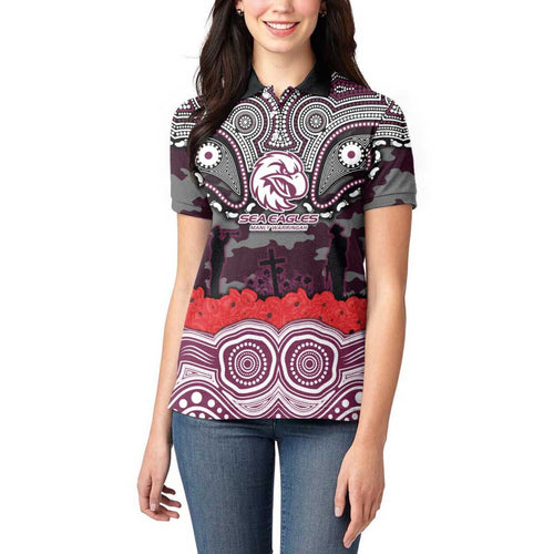 ANZAC Day Manly Warringah Sea Eagles Women Polo Shirt Military Memorial Aboriginal Indigenous Art