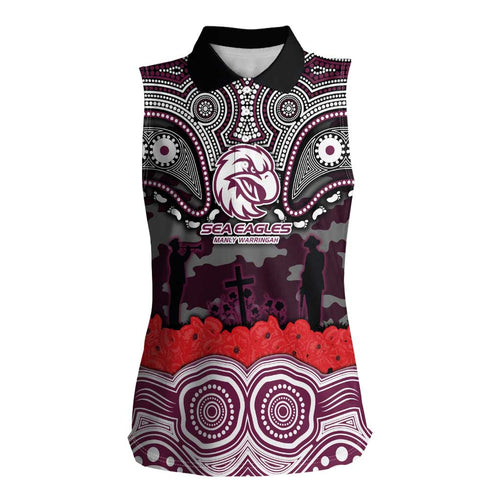 ANZAC Day Manly Warringah Sea Eagles Women Sleeveless Polo Shirt Military Memorial Aboriginal Indigenous Art