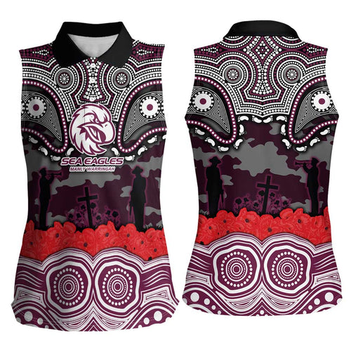 ANZAC Day Manly Warringah Sea Eagles Women Sleeveless Polo Shirt Military Memorial Aboriginal Indigenous Art