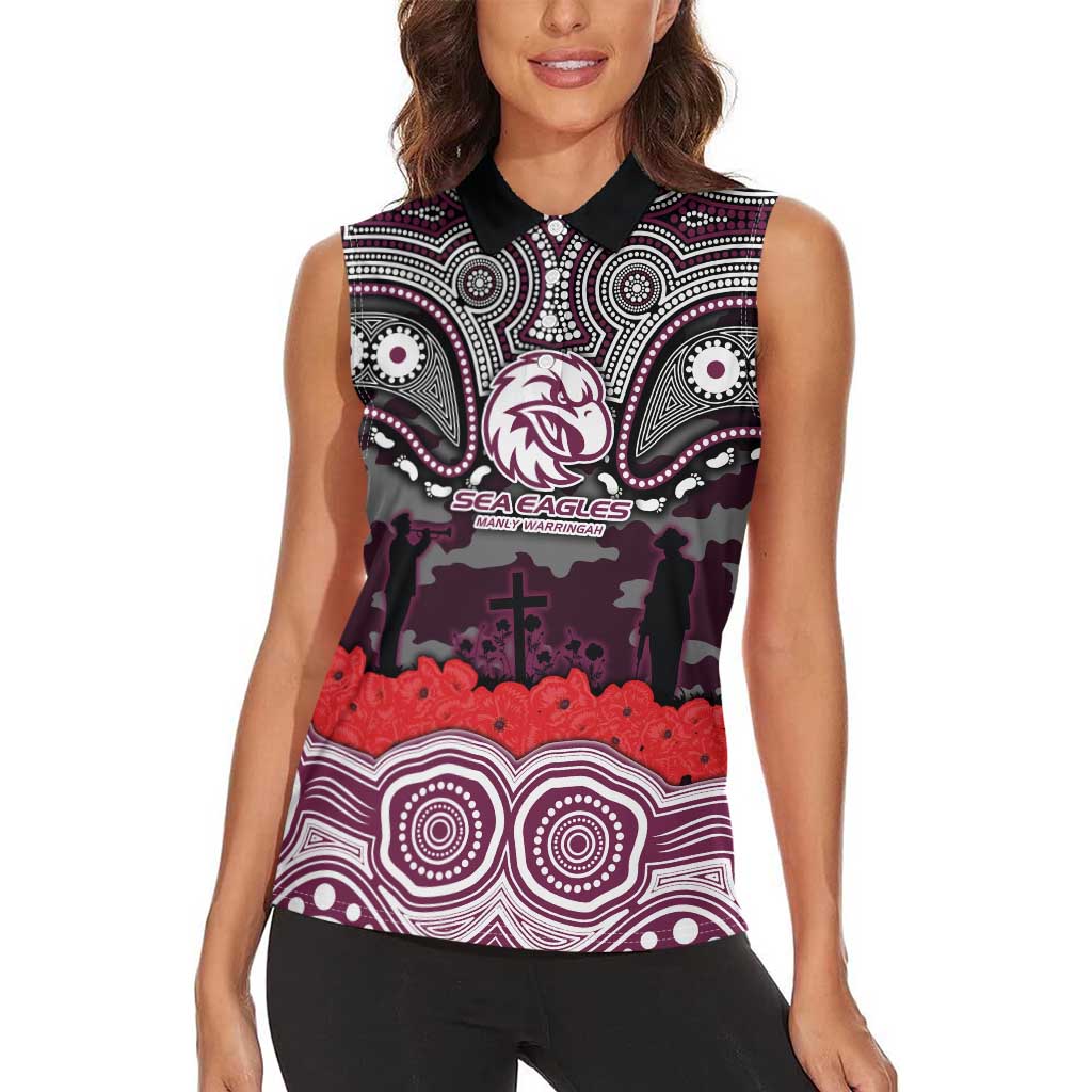 ANZAC Day Manly Warringah Sea Eagles Women Sleeveless Polo Shirt Military Memorial Aboriginal Indigenous Art