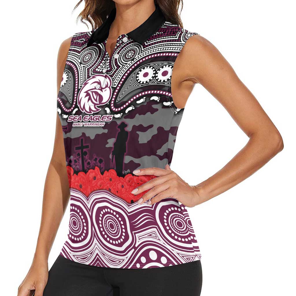 ANZAC Day Manly Warringah Sea Eagles Women Sleeveless Polo Shirt Military Memorial Aboriginal Indigenous Art