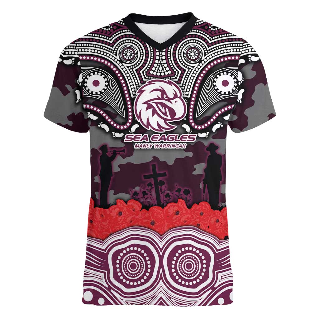 ANZAC Day Manly Warringah Sea Eagles Women V-Neck T-Shirt Military Memorial Aboriginal Indigenous Art