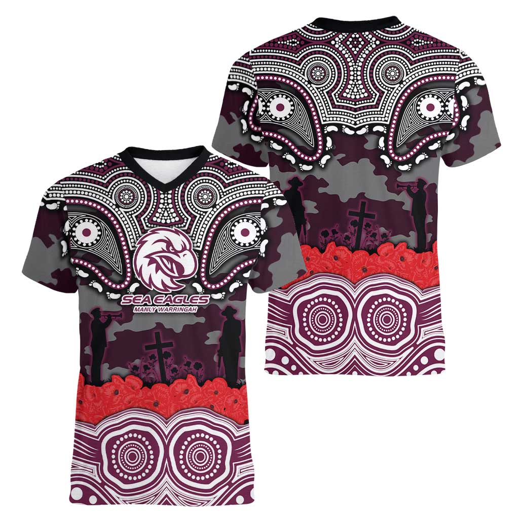 ANZAC Day Manly Warringah Sea Eagles Women V-Neck T-Shirt Military Memorial Aboriginal Indigenous Art