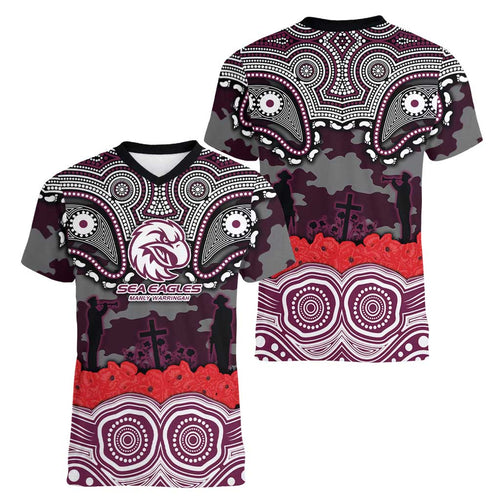 ANZAC Day Manly Warringah Sea Eagles Women V-Neck T-Shirt Military Memorial Aboriginal Indigenous Art
