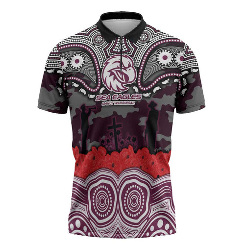 ANZAC Day Manly Warringah Sea Eagles Zipper Polo Shirt Military Memorial Aboriginal Indigenous Art