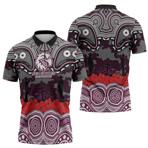 ANZAC Day Manly Warringah Sea Eagles Zipper Polo Shirt Military Memorial Aboriginal Indigenous Art