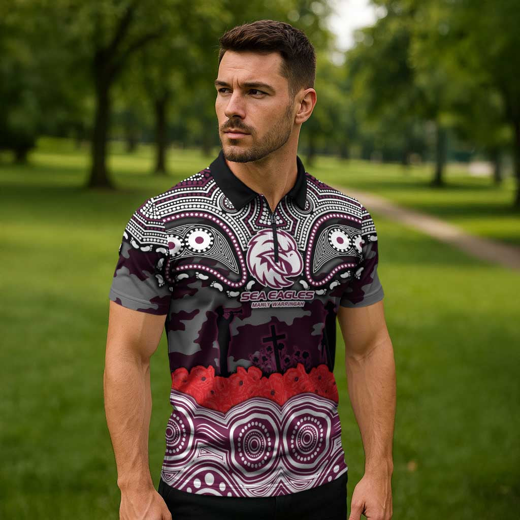 ANZAC Day Manly Warringah Sea Eagles Zipper Polo Shirt Military Memorial Aboriginal Indigenous Art