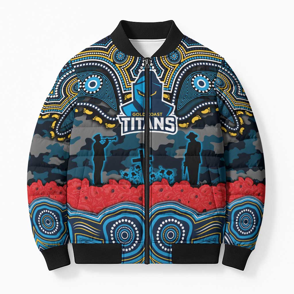 ANZAC Day Gold Coast Titans Bomber Puffer Jacket Military Memorial Aboriginal Indigenous Art