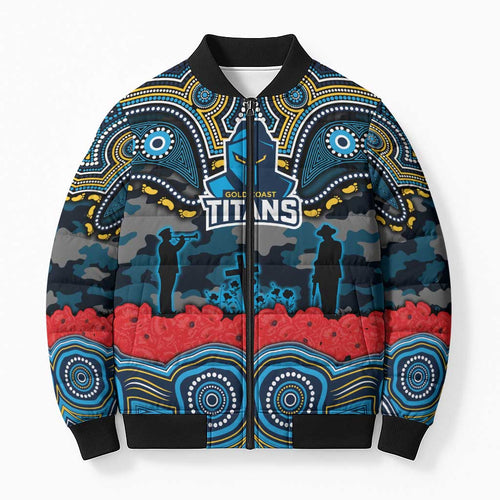 ANZAC Day Gold Coast Titans Bomber Puffer Jacket Military Memorial Aboriginal Indigenous Art