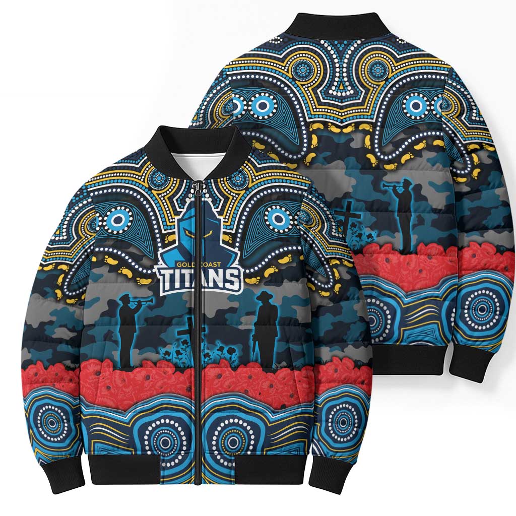 ANZAC Day Gold Coast Titans Bomber Puffer Jacket Military Memorial Aboriginal Indigenous Art