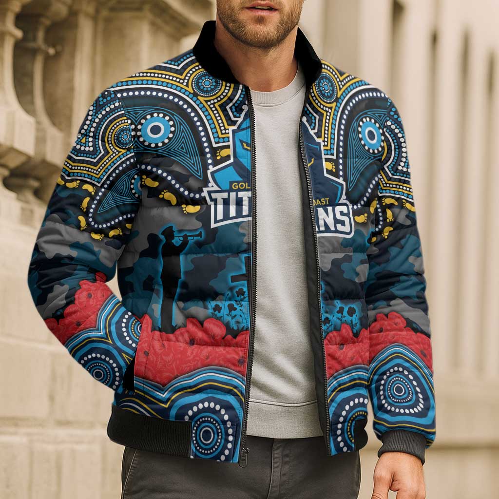 ANZAC Day Gold Coast Titans Bomber Puffer Jacket Military Memorial Aboriginal Indigenous Art