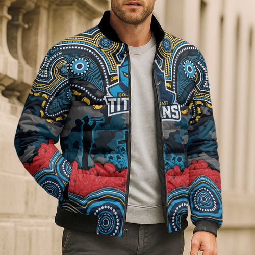 ANZAC Day Gold Coast Titans Bomber Puffer Jacket Military Memorial Aboriginal Indigenous Art