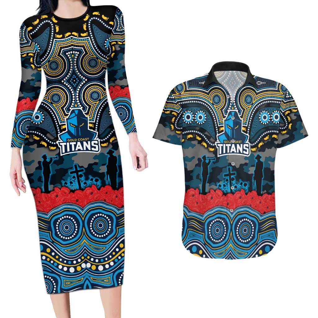 ANZAC Day Gold Coast Titans Couples Matching Long Sleeve Bodycon Dress and Hawaiian Shirt Military Memorial Aboriginal Indigenous Art