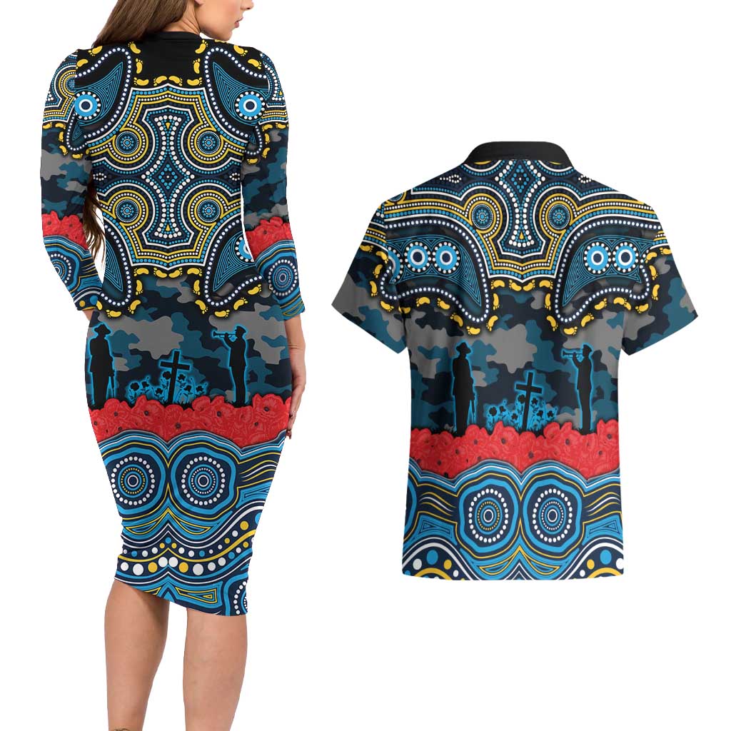 ANZAC Day Gold Coast Titans Couples Matching Long Sleeve Bodycon Dress and Hawaiian Shirt Military Memorial Aboriginal Indigenous Art