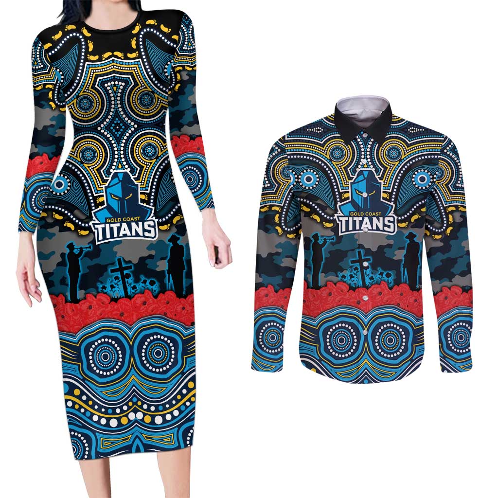 ANZAC Day Gold Coast Titans Couples Matching Long Sleeve Bodycon Dress and Long Sleeve Button Shirt Military Memorial Aboriginal Indigenous Art
