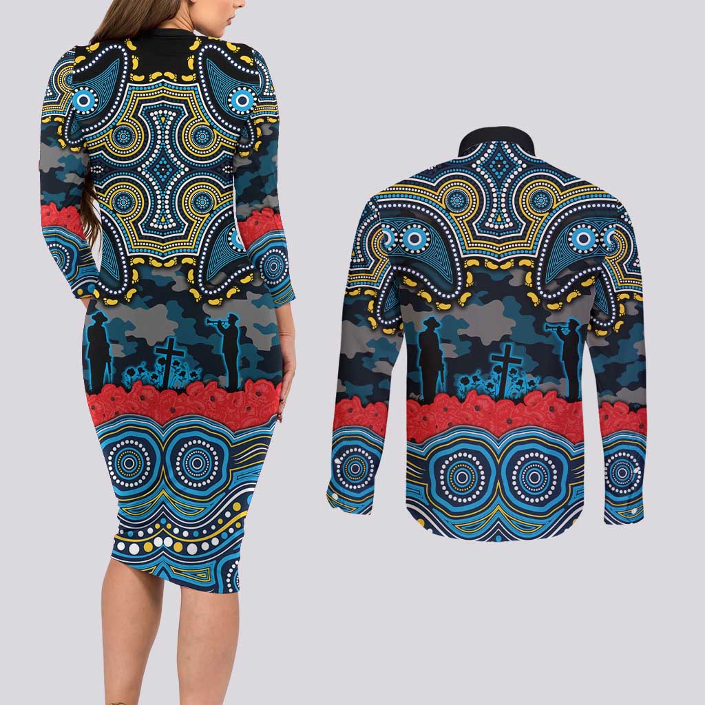 ANZAC Day Gold Coast Titans Couples Matching Long Sleeve Bodycon Dress and Long Sleeve Button Shirt Military Memorial Aboriginal Indigenous Art