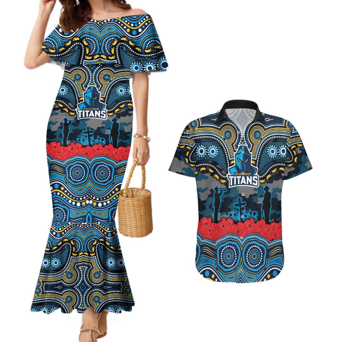 ANZAC Day Gold Coast Titans Couples Matching Mermaid Dress and Hawaiian Shirt Military Memorial Aboriginal Indigenous Art
