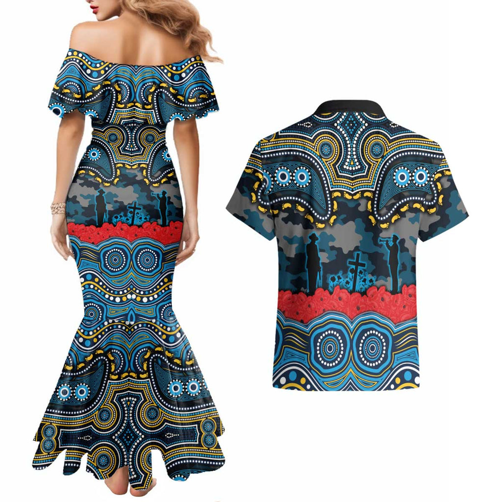 ANZAC Day Gold Coast Titans Couples Matching Mermaid Dress and Hawaiian Shirt Military Memorial Aboriginal Indigenous Art